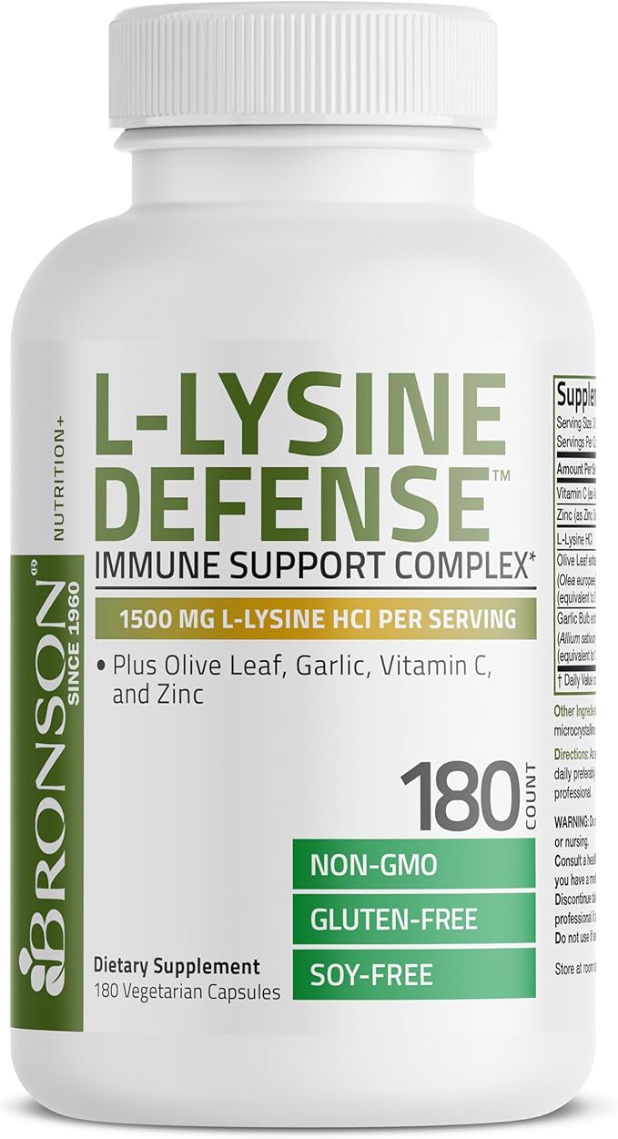 Bronson L-Lysine Defense Immune Support Complex 1500 MG L-Lysine Plus Olive Leaf, Garlic, Vitamin C and Zinc - Non-GMO, 180 Vegetarian Capsules