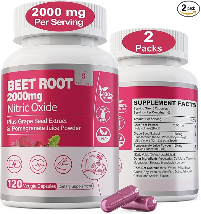 Beet Root Capsules 2000mg Nitric Oxide Supplements w/ Grape Seed Extract, Pomegranate Extract Supports Circulation & Blood Flow, Energy for Men/Women, Organic Beetroot Powder, Non GMO, 240 Counts