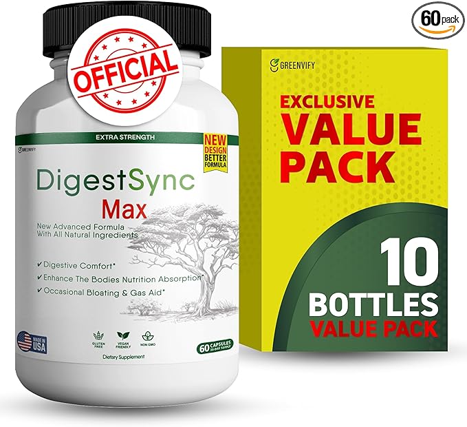 DigestSync Max Extra Strength Digestive Support, 60 Capsules, Gluten Free, Vegan, Natural Ingredients (10)