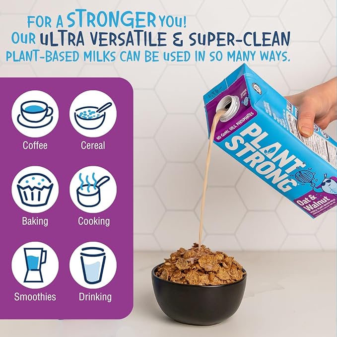 PLANTSTRONG Oat & Walnut Milk 32oz (6 Pack) - NON-GMO - Plant Based, Vegan - Gluten Free Dairy Free - Shelf Stable - Lactose Free Milk - No Gums or Oils