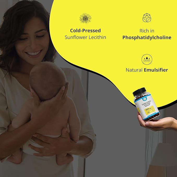 Sunflower Lecithin 1200 mg, Milk Flow, Soy-Free & Non-GMO Support for Breastfeeding Moms Unblocks Clogged Milk Ducts, Brain, Nerve & Liver Health, Phospholipid-Rich for Mother 100 Softgel