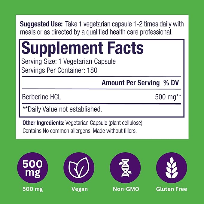 Paradise Herbs, Berberine Extract, 500 mg, Pure & Potent Berberine Supplement, Vegan, Non-GMO, Gluten Free, 180 Vegetarian Capsules