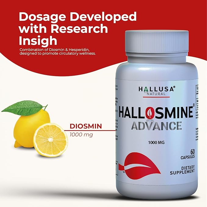 Hallosmine Advance Diosmin 1000mg, Leg Circulation, Heavy Legs, Varicose Veins, Circulatory Supplement, Vein Support & Blood Circulation Supplement - 60 Caps