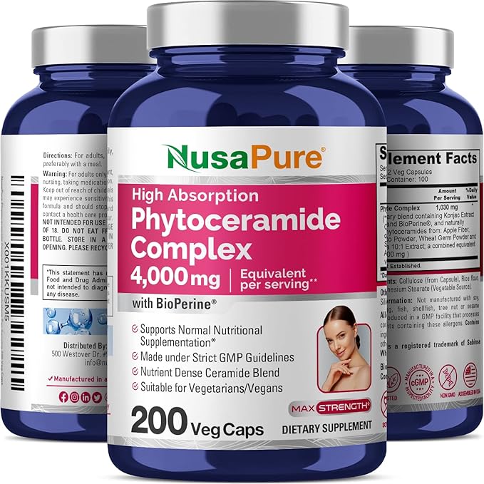 NusaPure Phytoceramide Complex 10:1 Extract, 1030 mg Equivalent to 4000 mg 200 Veggie Capsules (Non-GMO) Bioperine