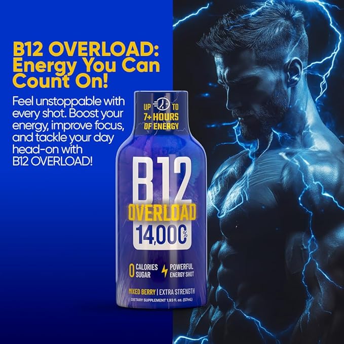 B12 Overload Extra Strength Energy Shot – Mixed Berry – 260mg Caffeine, 14000% B12, Electrolytes – Energy & Vitality Support – Zero Sugar No Calories – Vegan, Kosher, Gluten-Free – 1.93 fl oz, 12-Pack
