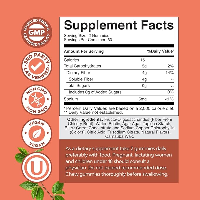 Fiber Gummies for Adults - Chicory Root Supplement with Prebiotic Support for Gut & Digestive Health - Soluble Digestion Capsules for Stomach Regulation & Immune Aid - Sugar Free & Vegan - 120 Count