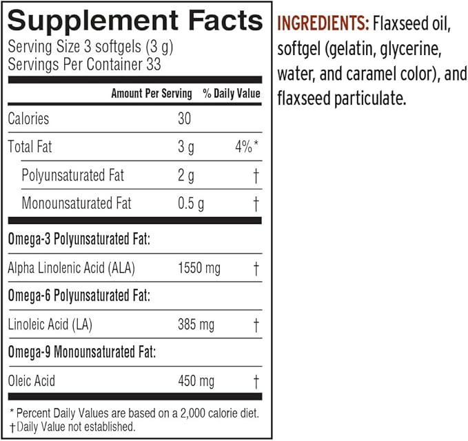 Barlean's Omega 3 6 9 Lignan Flaxseed Oil Supplements, Cold-Pressed Flax Seed Supplement Softgels with 1550 mg ALA Fatty Acids, 100 Count