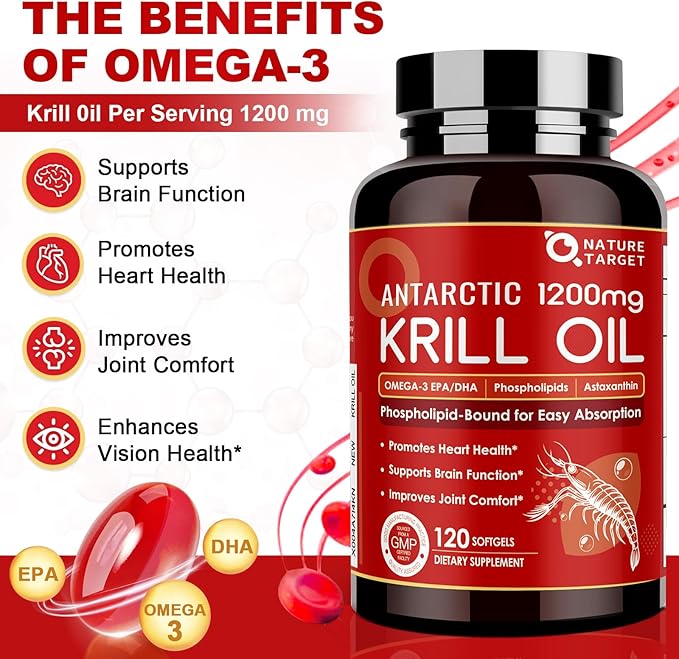 NATURE TARGET Krill Oil 1200mg with Omega-3 EPA & DHA with Astaxanthin, Phospholipids & Choline - Supports Heart, Brain, Join Health, Non-GMO, Gluten Free, 120 Softgels (60 Servings)