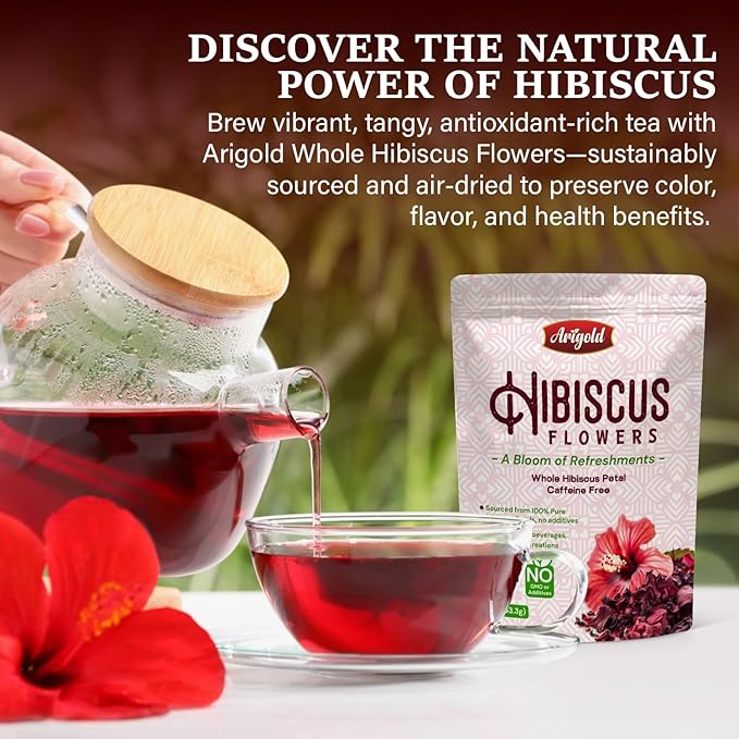 Arigold Pure Whole Petals Hibiscus Tea 1lb β Organic Dried Hibiscus Flowers,Flor de Jamaica, Hibiscus Sabdariffa, Bissap, Sorrel, hibiscus tea loose leaf Herbal Tea for Agua Fresca, Cocktails, Iced Tea & Hot Tea | Caffeine-Free & Rich in Antioxidants.