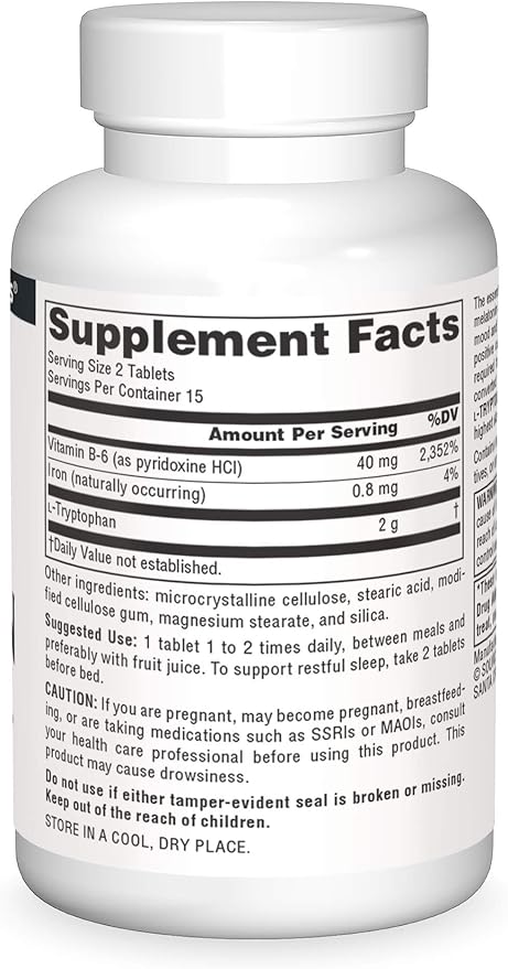 Source Naturals L-Tryptophan with Vitamin B-6 1000 mg Support Mood, Relaxation and Sleep* - 30 Tablets