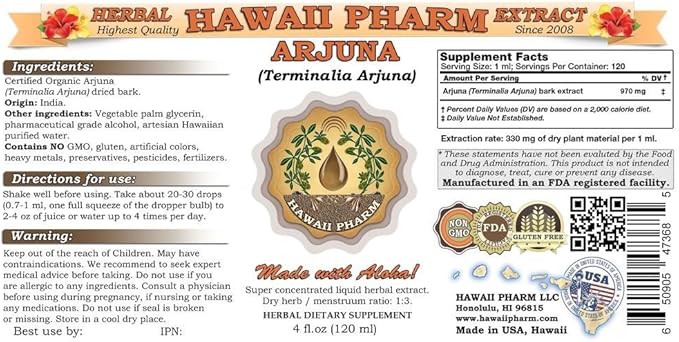 Arjuna Liquid Extract, Organic Arjuna (Terminalia Arjuna) Dried Bark Powder Tincture Herbal Supplement 2 oz