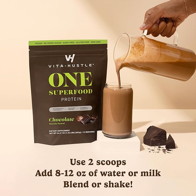 VitaHustle ONE Meal Replacement Shake - Plant Based Protein Powder by Kevin Hart - Vegan, Meal Replacement Powder with Superfoods, Vitamins, Adaptogens & Probiotics - Chocolate Flavor, 30 Servings