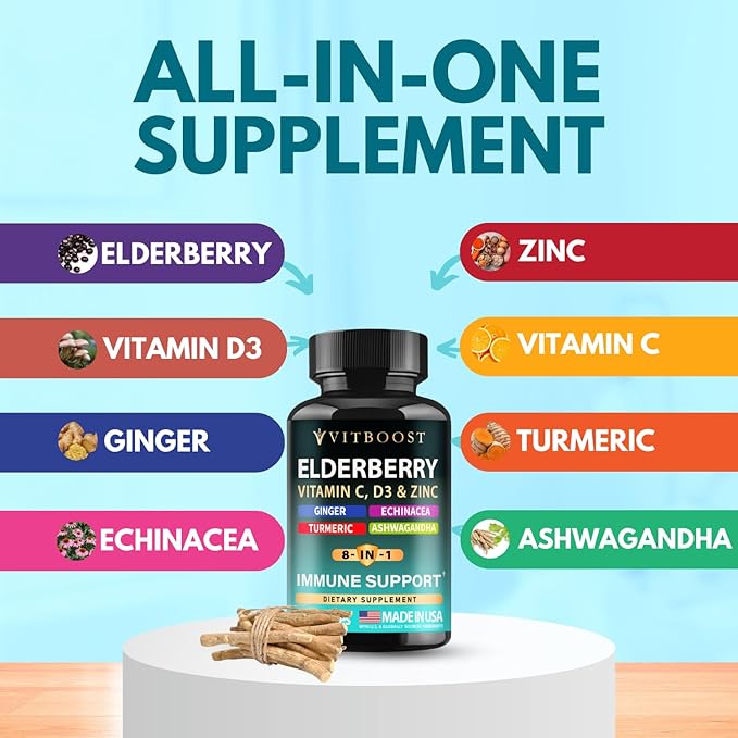 Elderberry Immune Support Supplement 8-in-1 Formula with Echinacea, Vitamin C & Zinc, Vitamin D 5000 IU, Turmeric, Ginger, Ashwagandha – 60 Capsules (Pack of 2)