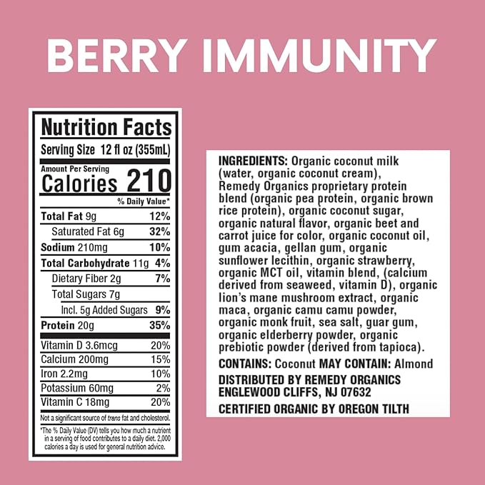 Remedy Organics Berry Immunity 12-Pack | Plant Based 20g Protein Shakes, Ready to Drink | USDA Organic, Gluten Free, Dairy Free, Soy Free