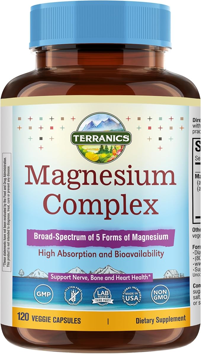 Terranics 5-in-1 Magnesium Complex Supplement 500mg - 5 Forms High Absorption Magnesium Glycinate Citrate Malate Aspartate Gluconate - Non-GMO 120 Vegan Magnesio Capsule for Sleep Muscle Heart Health