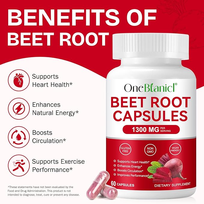 Organic Beet Root Capsules, Beetroot Capsules 1300mg, Beetroot Powder Supports Nitric Oxide Production, Blood Pressure, Enhances Energy, Digestive & Immune
