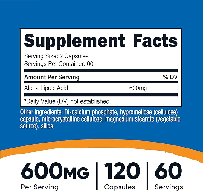 Nutricost Alpha Lipoic Acid 600mg Per Serving 120 Capsules, 60 Servings - Plant Based Caps, Non-GMO