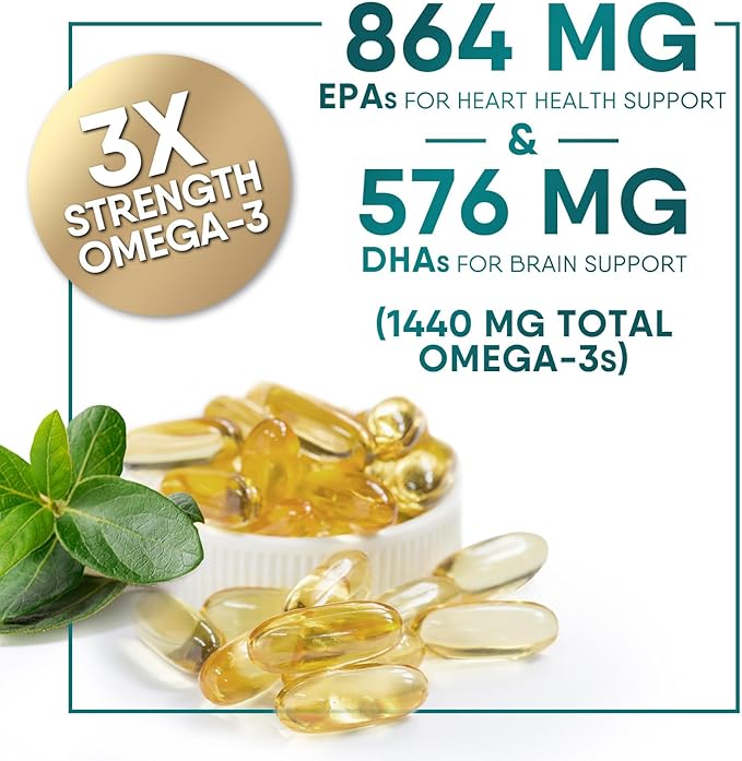 Omega 3 Fish Oil Supplement 2400 mg - Triple Strength EPA & DHA Fish Oil Omega 3, Essential Fatty Acids Supplement Softgels, Brain & Heart Health Support Supplements, Gluten Free Non-GMO, 180 Softgels