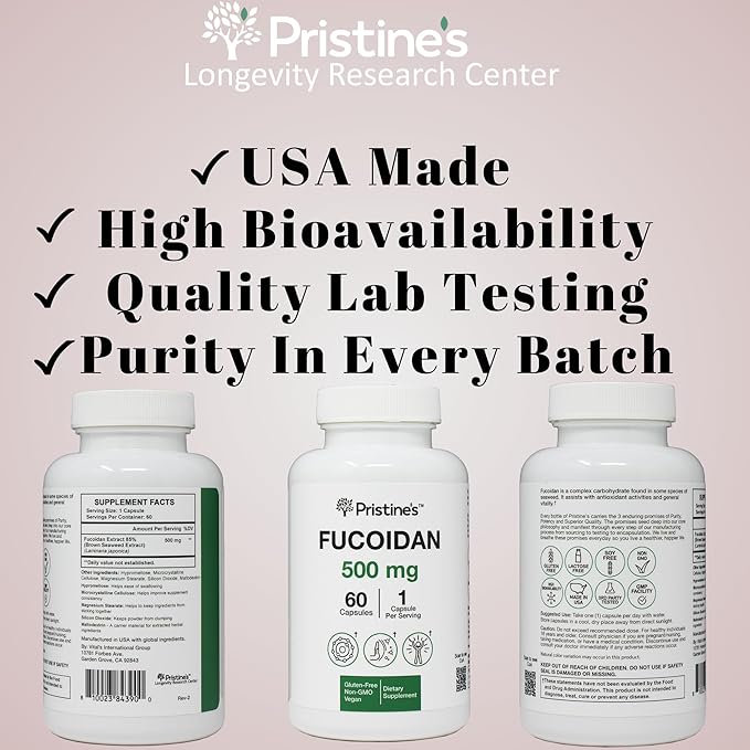 PRISTINE'S Fucoidan 500MG Immunity Supplement Capsules - 60 Day Supply - Brown Seaweed Extract - Potent Herbal Antioxidant Lung Health & Skin Health Support