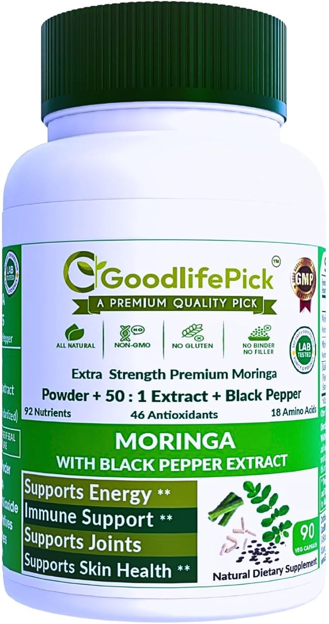 Premium Moringa Capsules with Black Pepper. Moringa Oleifera Powder & 50:1 Moringa Extract for Maximum Benefits 90ct All Natural NonGMO No Rice Powder No Stearate No Silicon Vegan