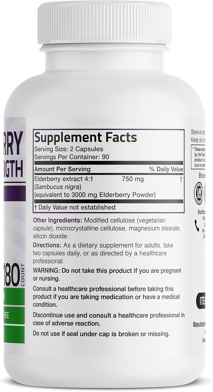 Bronson Elderberry Extra Strength, Supports Healthy Immune System & Antioxidant Protection, Non GMO, 180 Vegetarian Capsules