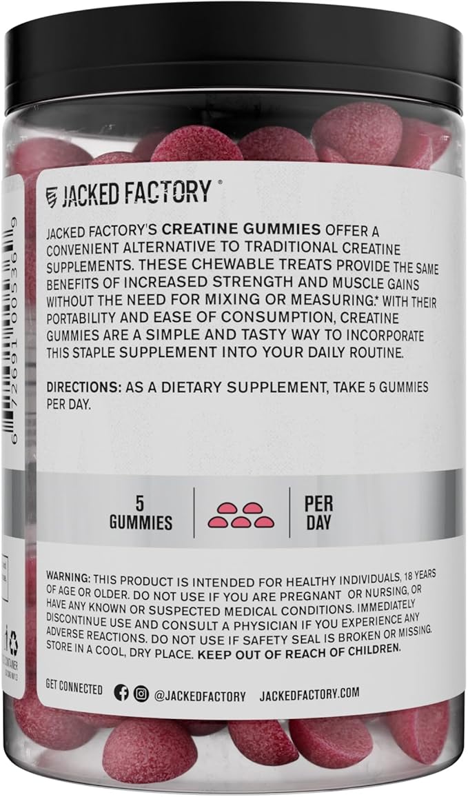 Jacked Factory Creatine Monohydrate Gummies 5g Daily Dose (1g per Gummy) - Creatine Gummy for Men and Women, Vegan-Friendly, Travel-Friendly, Third-Party Tested - 150 Gummies, Watermelon