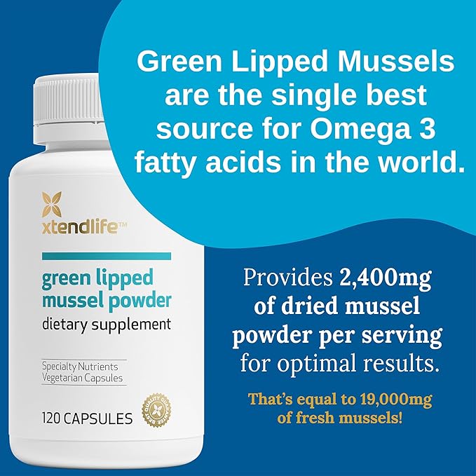 Xtendlife Green Lipped Mussel Powder - 2400mg Supplement with Omega-3 Fatty acids from New Zealand for Joint Health, 120 Capsules (2 Pack)