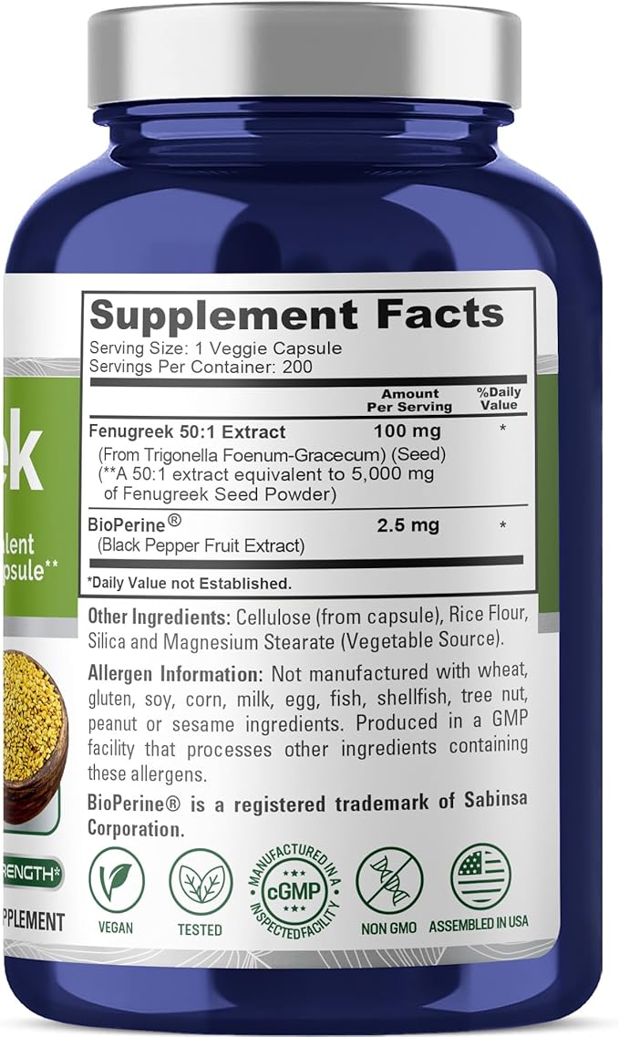 NusaPure Fenugreek Capsules, 50:1 Extract, 100 mg Equivalent to 5,000mg, 200 Veggie Caps, Non-GMO, Vegan