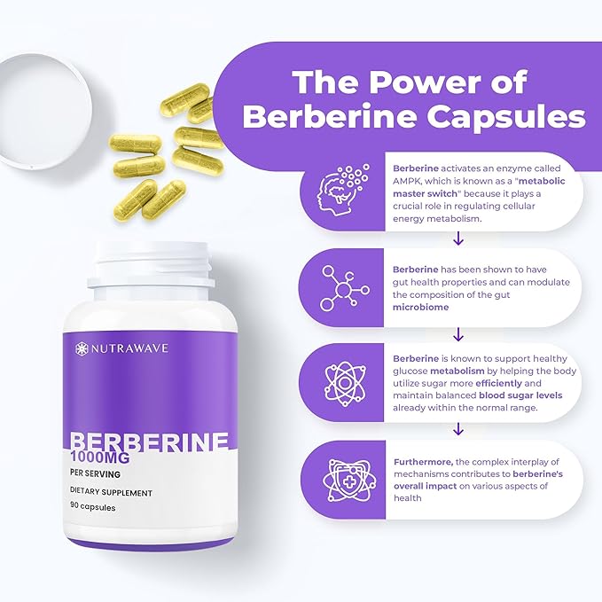 PURE Berberine Maximum Potency - Supports Blood Sugar Levels & Metabolism, 1000mg Per Serving - 2 Capsules - For Adults Seeking Natural Glucose Support - Non-GMO, Vegan - 1 Pack