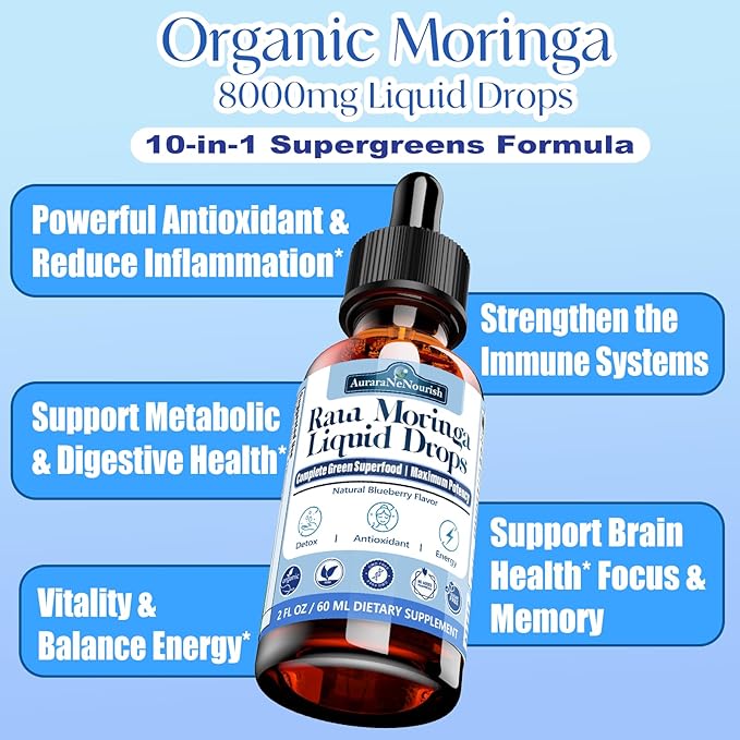 Organic Moringa Oleifera Leaf Liquid Drops, 100% Antioxidant Green Superfood Blend of Barley Grass, Wheatgrass for Energy Immune, 6X Absorption Stronger Than Moringa Capsules Powder Oil