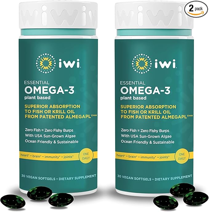 Iwi Omega-3 Essential, 60 Softgels (60 Servings), Plant-Based Algae Omega 3 with EPA + DHA, Brain, Heart & Immune Support Dietary Supplement, Krill & Fish Oil Alternative, No Fishy Aftertaste