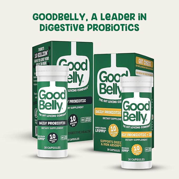 GoodBelly Probiotic Capsules for Digestive Health & Iron Absorption | Vegan Probiotic Supplement with 10 Billion Live Cultures | Probiotics for Women & Men | 30 Capsules