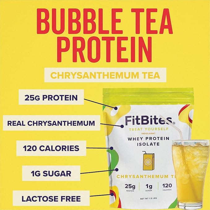 Boba Tea Protein Whey Protein Isolate (Chrysanthemum Tea), 5.9g BCAAs, Gluten Free, Zero, Sugar, Bubble Tea Protein Powder