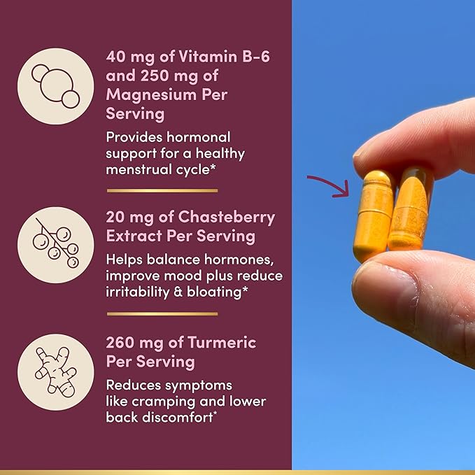 Nature’s Bounty Optimal Solutions Advanced PMS Relief for Menstrual Cycle Support, PMS Support Supplement for Women, Bloating Relief – Chasteberry, Hormone-Free, 60 Vegetarian Capsules