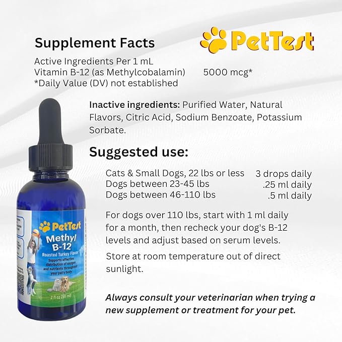 PetTest Methyl B12 Vitamin Liquid Drops 2fl oz (5000 MCG) Supplement with Methylcobalamin for Diabetic Pets, Maximum Absorption to Increase Energy for Dogs and Cats