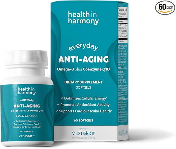 Everyday Anti-Aging Supplement - Omega 3 Fatty Acid Supplements + High Absorption Coq10 - Energy Supplements for Heart Health & Overall Vitality - Non GMO Softgels Powered by Vesisorb® (60 Ct)