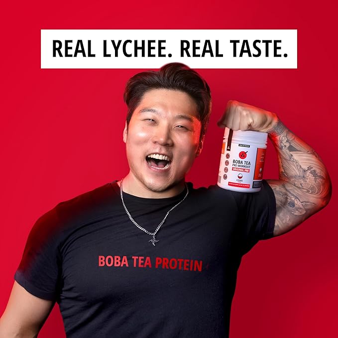 Boba Tea Pre-Workout Powder | Lychee Flavor | 125-250mg Caffeine | L-Citrulline, Beta Alanine, Alpha-GPC | Real Ingredients | Premium Pre Workout Powder for Men and Women | 20-40 Servings