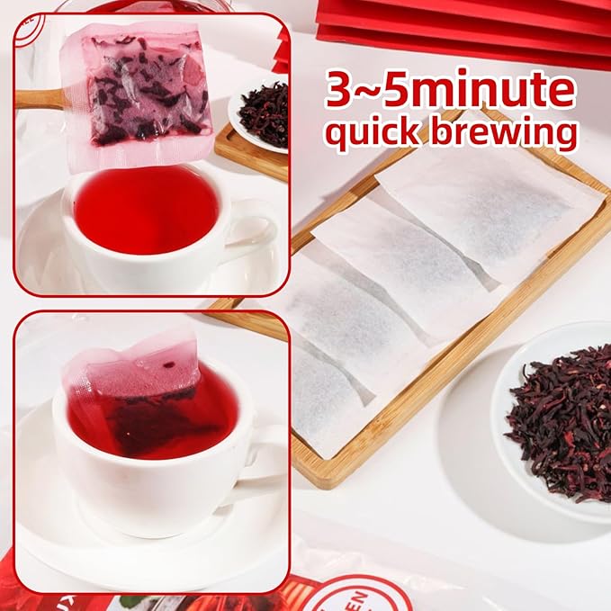 Premium Hibiscus Tea Bags, 60 Count, 100% Pure & Natural Dried Hibiscus Flowers - No Sugar, Caffeine-Free, Gluten-Free, Vegan. Tart & Refreshing, Ideal for Hot or Iced Tea, Rich in Natural Goodness