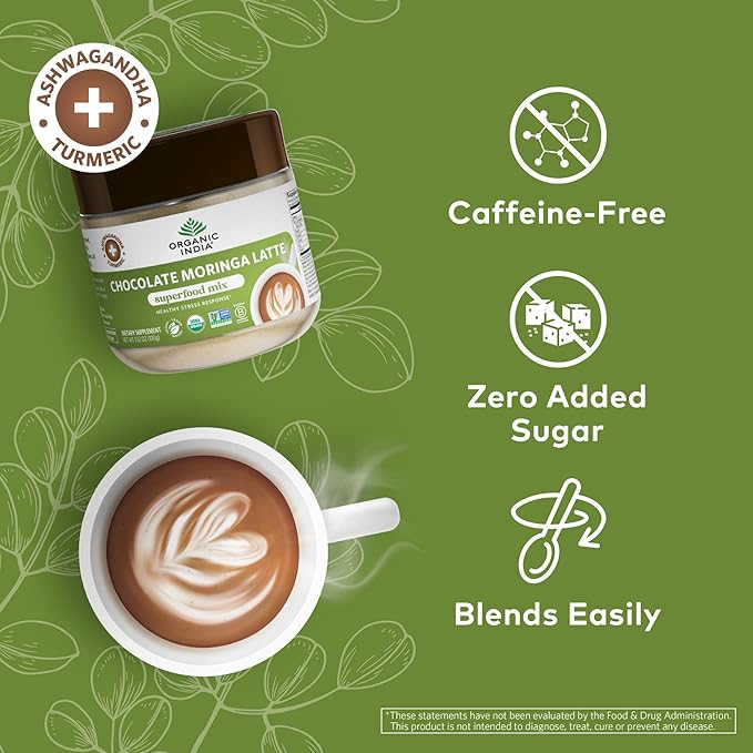 Organic India Chocolate Moringa Latte Powder - Superfood Mix, Moringa Leaf Tea, with Ashwagandha and Turmeric, Dietary Supplement, Stress Support, Rich Cocoa, Caffeine Free - 3.52 Oz