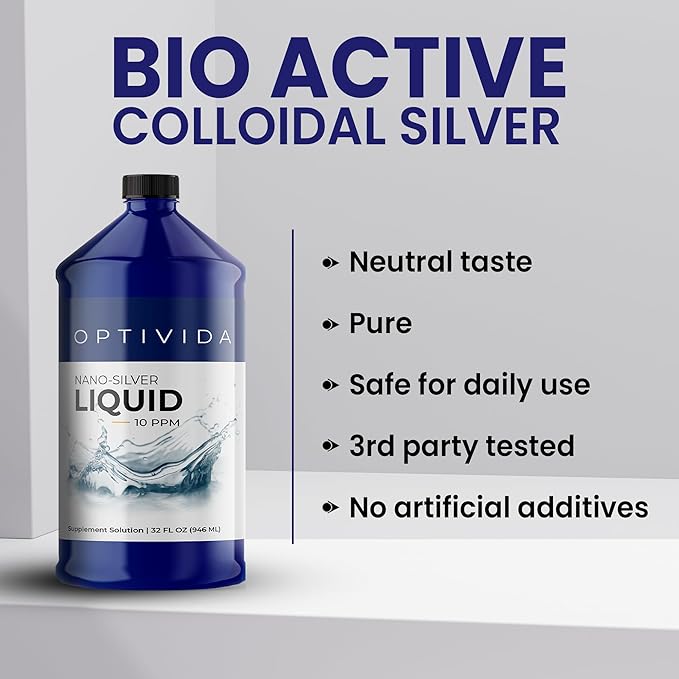 Optivida Health Nano Colloidal Silver Liquid (32 oz) – Immune Support Supplement with Silver Hydrosol, Liquid for Immune System Support, Colloidal Silver for Adults & Kids, Non-GMO, Gluten-Free