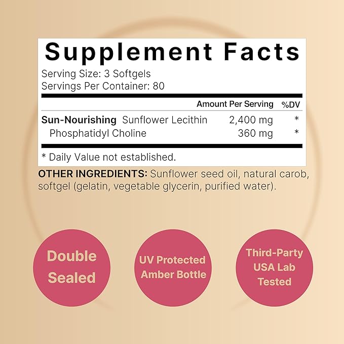 NatureBell Sunflower Lecithin 2,400mg, 240 Softgels | Infused with Non-GMO Sunflower Seed Oil – Rich in Phosphatidyl Choline – No Soy, No Gluten