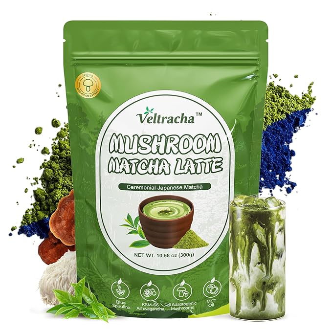 Veltracha Mushroom Matcha Latte, Ceremonial Grade Matcha with Blue Spirulina & Ashwagandha, Adaptogenic Mushrooms Matcha Powder for Focus, Energy, Gut Health & Immunity, 10.58oz