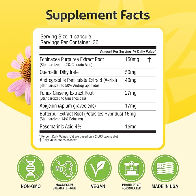 HybridAR Rapid Sinus Relief and Calm – Fast Acting Non-Drowsy Sinus Support and Medicine - Natural Decongestants for Adults with Antihistamine, Quercetin, and Butterbur for Allergies - 30 Capsules