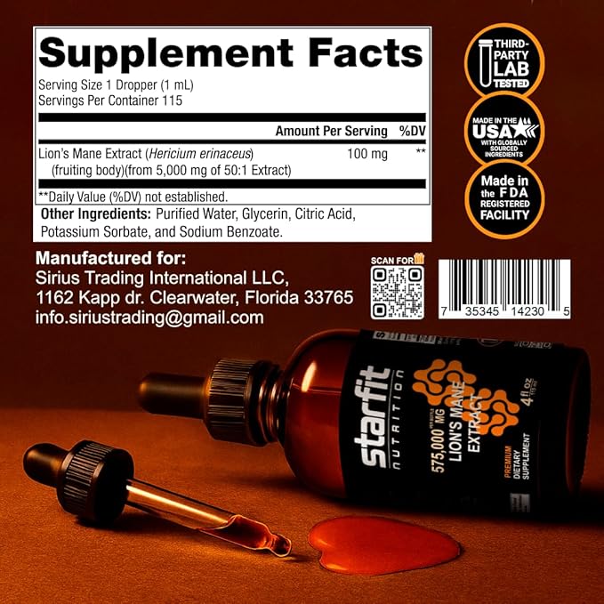 STARFIT Lion's Mane Mushroom Extract, 575,000 mg, Liquid Supplement for Immune Support, Memory, and Digestive Health, 4 fl oz