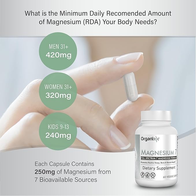 Organixx Magnesium 7 Supplement, Natural Magnesium Capsules for Sleep Support, Muscle Recovery, with Vitamin B6 and Manganese Citrate and Glycinate, Vegan, Non GMO, 180 Count (60 Capsule 3 Pack)