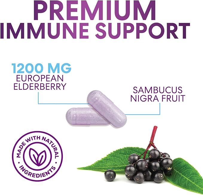 Elderberry Immune Support 1200mg Extract Capsules - Daily Immune Support for Adults with Concentrated Sambucus Black Elderberry Antioxidant - Gluten Free Vitamin, Non-GMO Supplement - 60 Capsules
