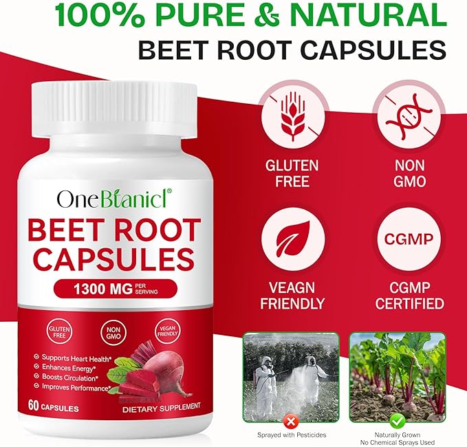 Organic Beet Root Capsules, Beetroot Capsules 1300mg, Beetroot Powder Supports Nitric Oxide Production, Blood Pressure, Enhances Energy, Digestive & Immune (60 Count (Pack of 1))