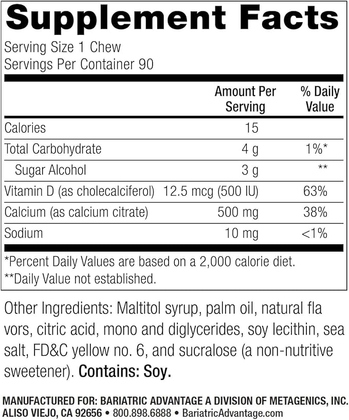 Bariatric Advantage Calcium Citrate Chewy Bites 500 mg - Highly Absorbable & Digestible - Vitamin D3 - Easily Chewable Calcium Supplement - Tropical Orange - 90 Count