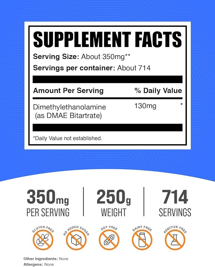 BulkSupplements.com DMAE Bitartrate Powder - Dimethylaminoethanol Bitartrate, DMAE Supplement - Unflavored & Gluten Free, 350mg per Serving, 250g (8.8 oz) (Pack of 1)