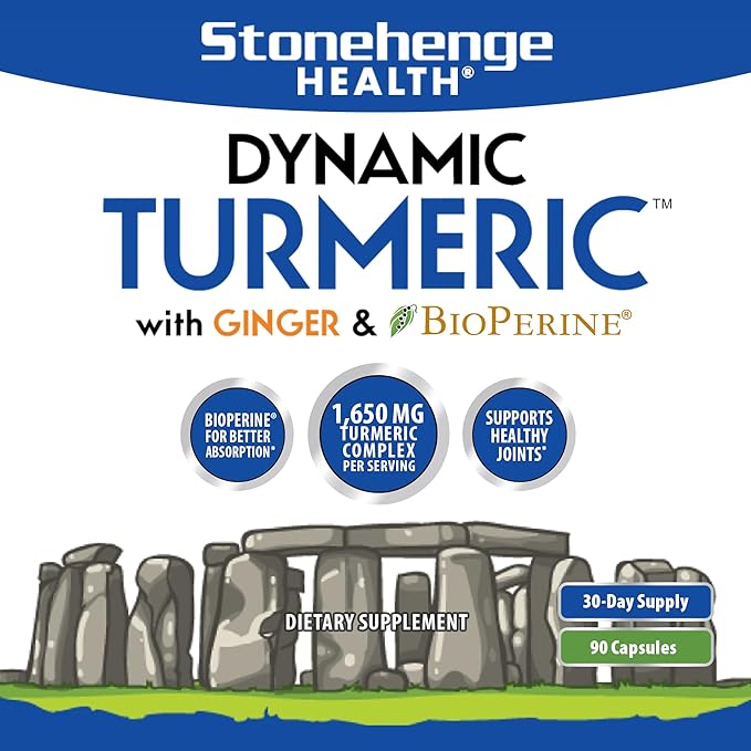 Stonehenge Health Dynamic Turmeric Curcumin with Ginger - High Potency - 1,650 mg Turmeric with 95% Curcuminoids & BioPerine, 90 Vegetarian Capsules